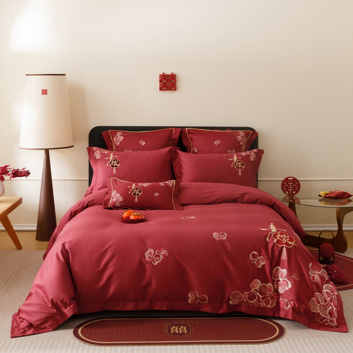 91家纺网 家纺一手货源 找家纺 慕晨 2026新款50支澳棉全棉纯棉贡缎婚庆绣花贴布绣四件套热款 天喜园