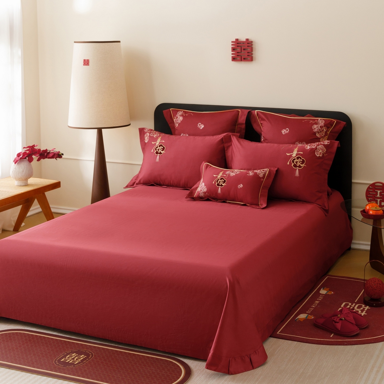 91家纺网 家纺一手货源 找家纺 慕晨 2026新款50支澳棉全棉纯棉贡缎婚庆绣花贴布绣四件套热款 天喜园