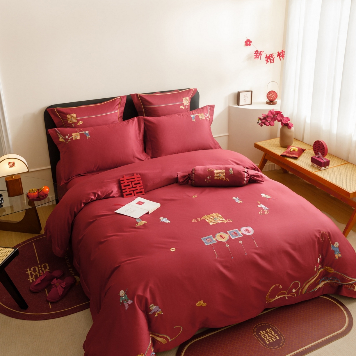 91家纺网 家纺一手货源 找家纺 慕晨 2026新款50支澳棉全棉纯棉贡缎婚庆绣花贴布绣四件套热款 百子呈祥