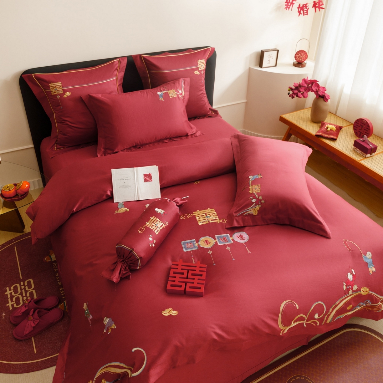 91家纺网 家纺一手货源 找家纺 慕晨 2026新款50支澳棉全棉纯棉贡缎婚庆绣花贴布绣四件套热款 百子呈祥