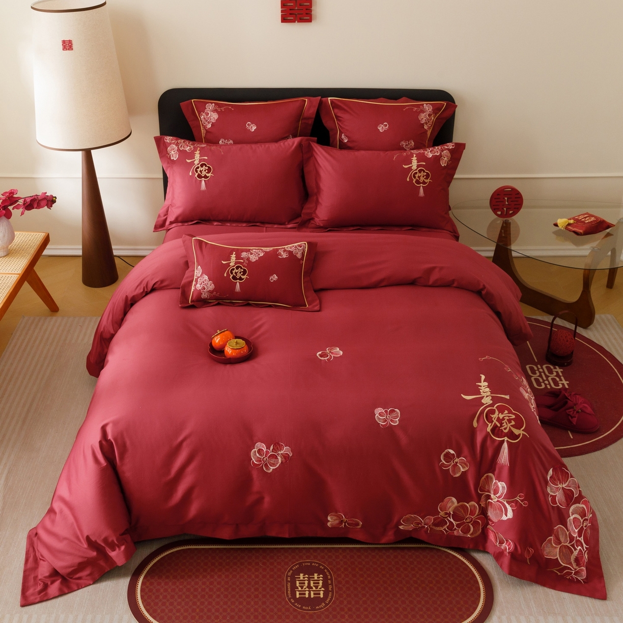 慕晨 2026新款50支澳棉全棉纯棉贡缎婚庆绣花贴布绣四件套热款 天喜园