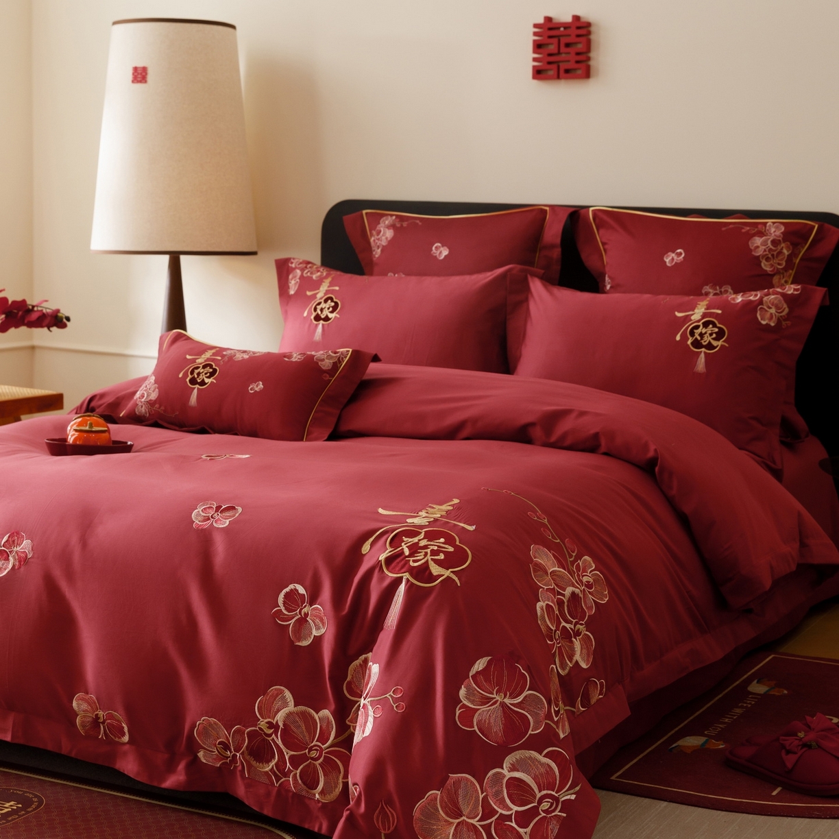 91家纺网 家纺一手货源 找家纺 慕晨 2026新款50支澳棉全棉纯棉贡缎婚庆绣花贴布绣四件套热款 天喜园