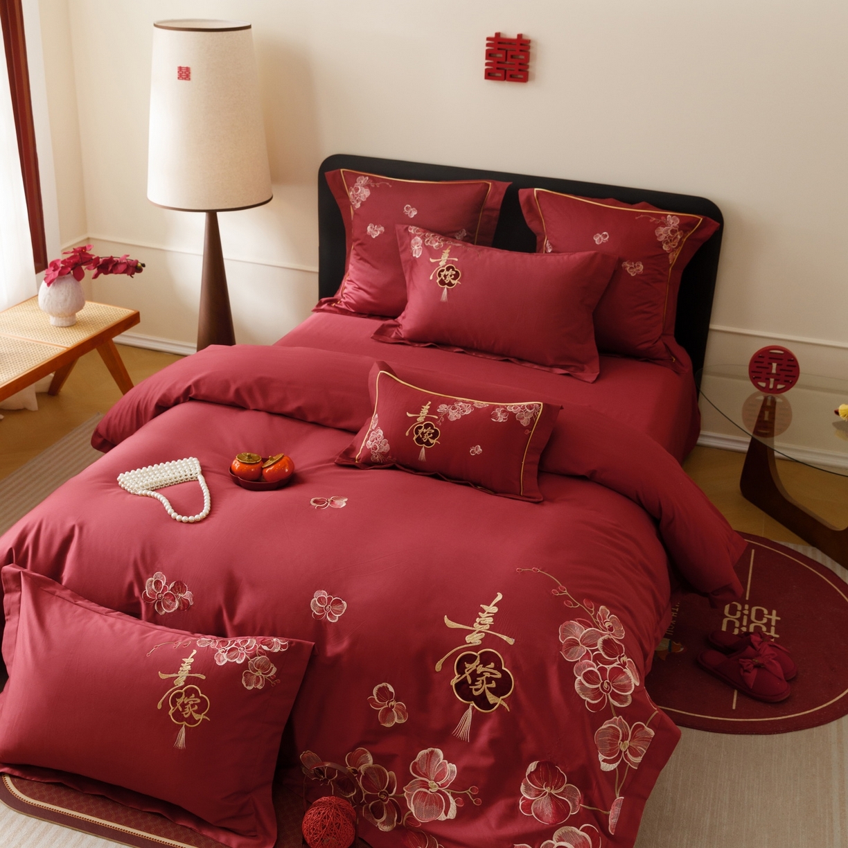 91家纺网 家纺一手货源 找家纺 慕晨 2026新款50支澳棉全棉纯棉贡缎婚庆绣花贴布绣四件套热款 天喜园