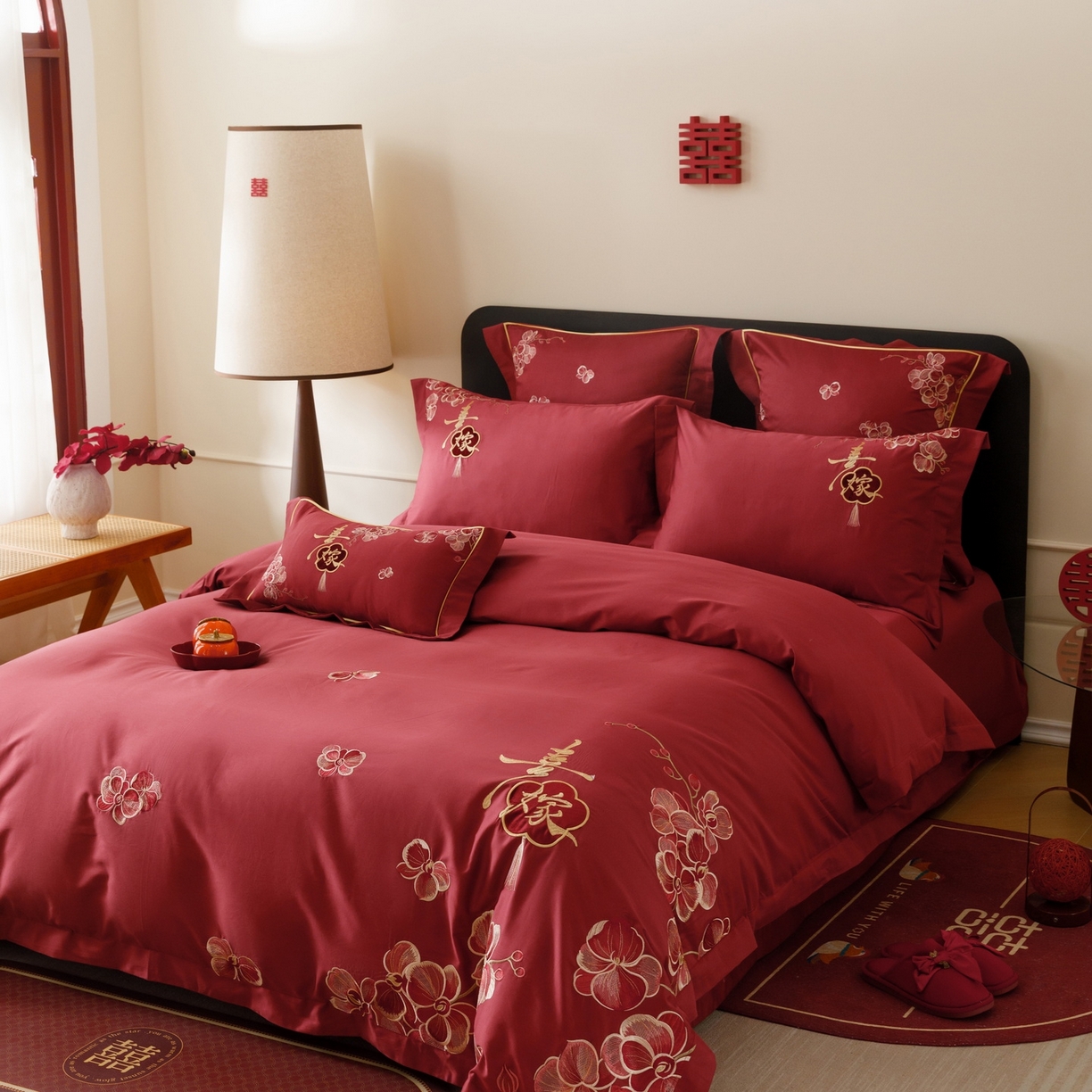 91家纺网 家纺一手货源 找家纺 慕晨 2026新款50支澳棉全棉纯棉贡缎婚庆绣花贴布绣四件套热款 天喜园