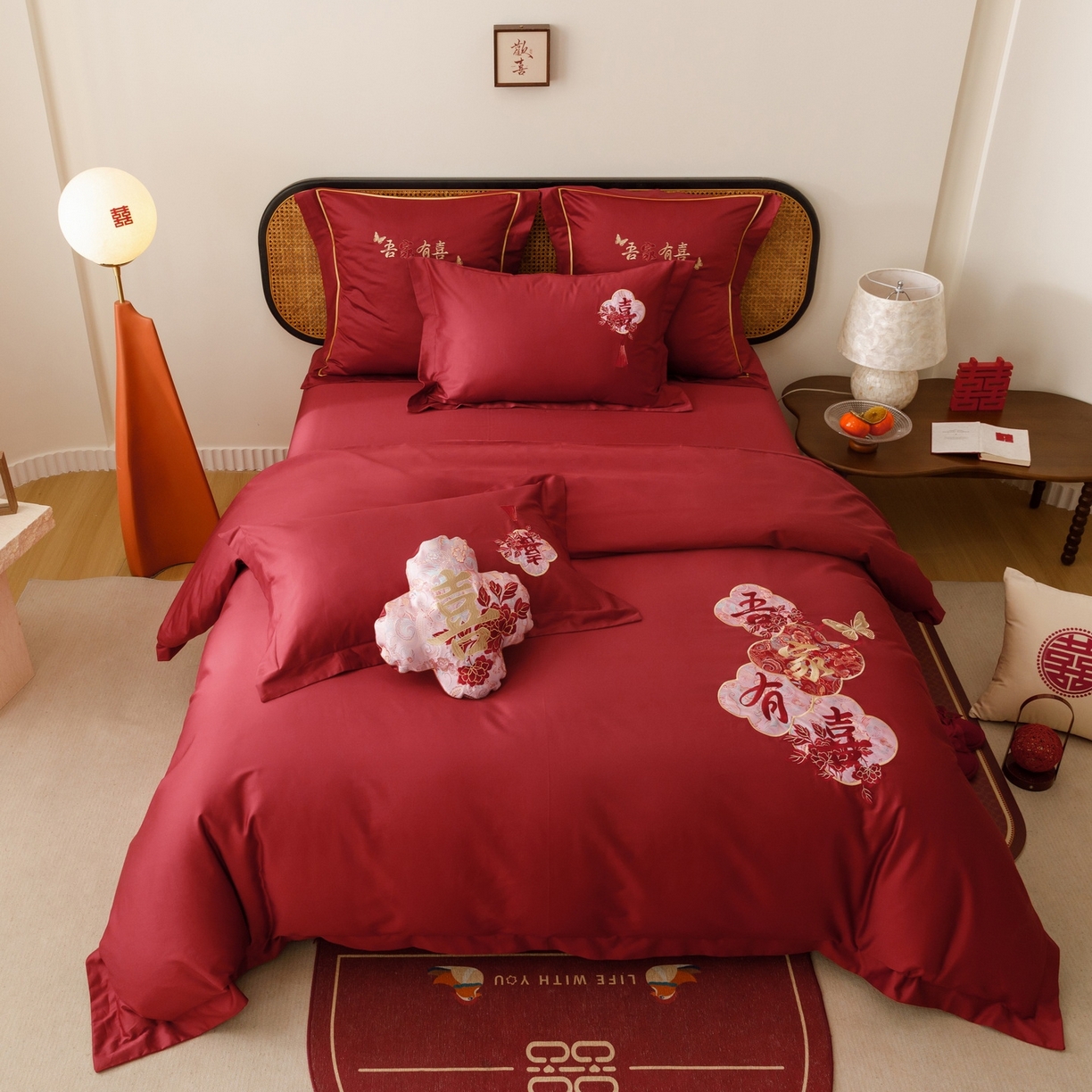 慕晨 2026新款50支澳棉全棉纯棉贡缎婚庆绣花贴布绣四件套热款 花喜行