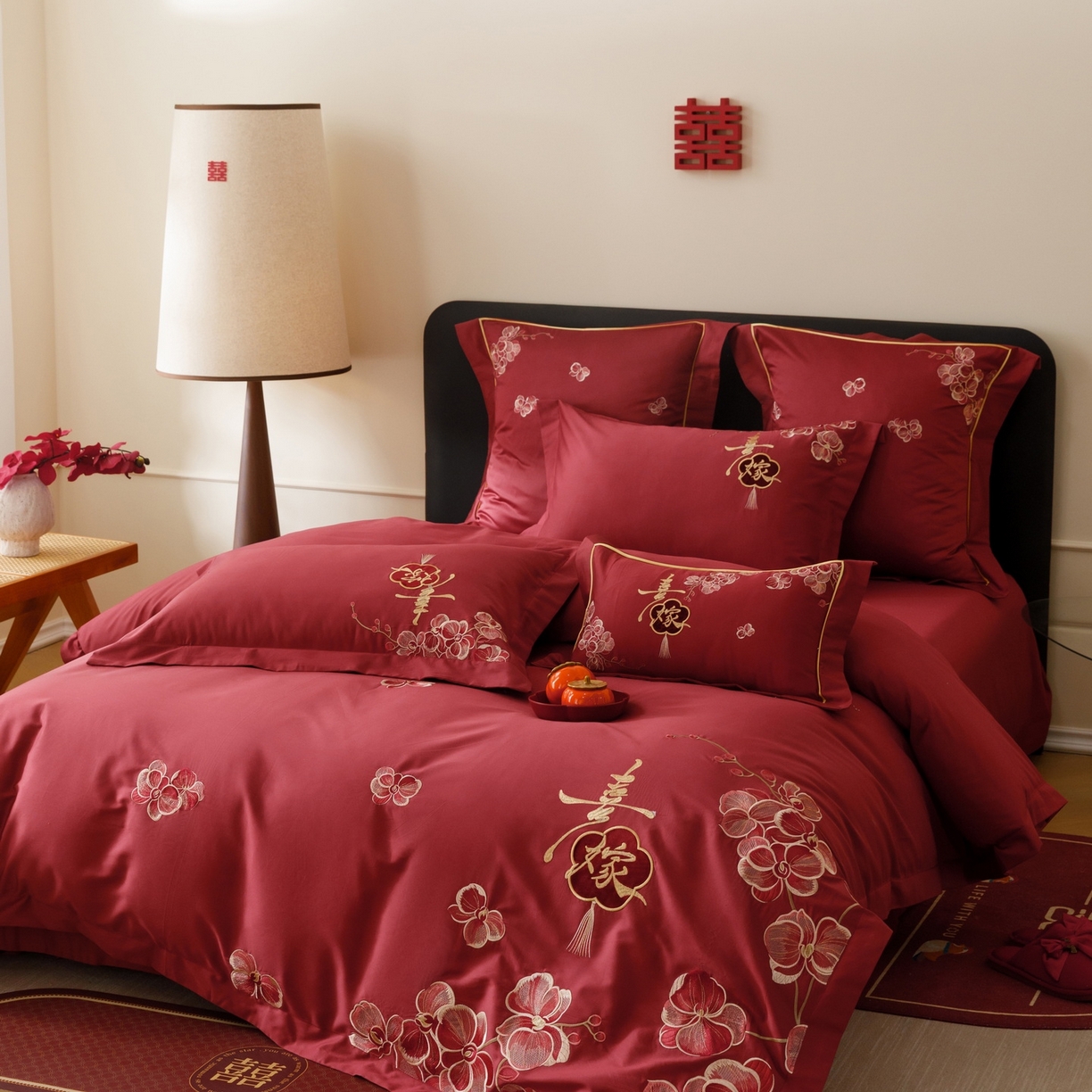 91家纺网 家纺一手货源 找家纺 慕晨 2026新款50支澳棉全棉纯棉贡缎婚庆绣花贴布绣四件套热款 天喜园