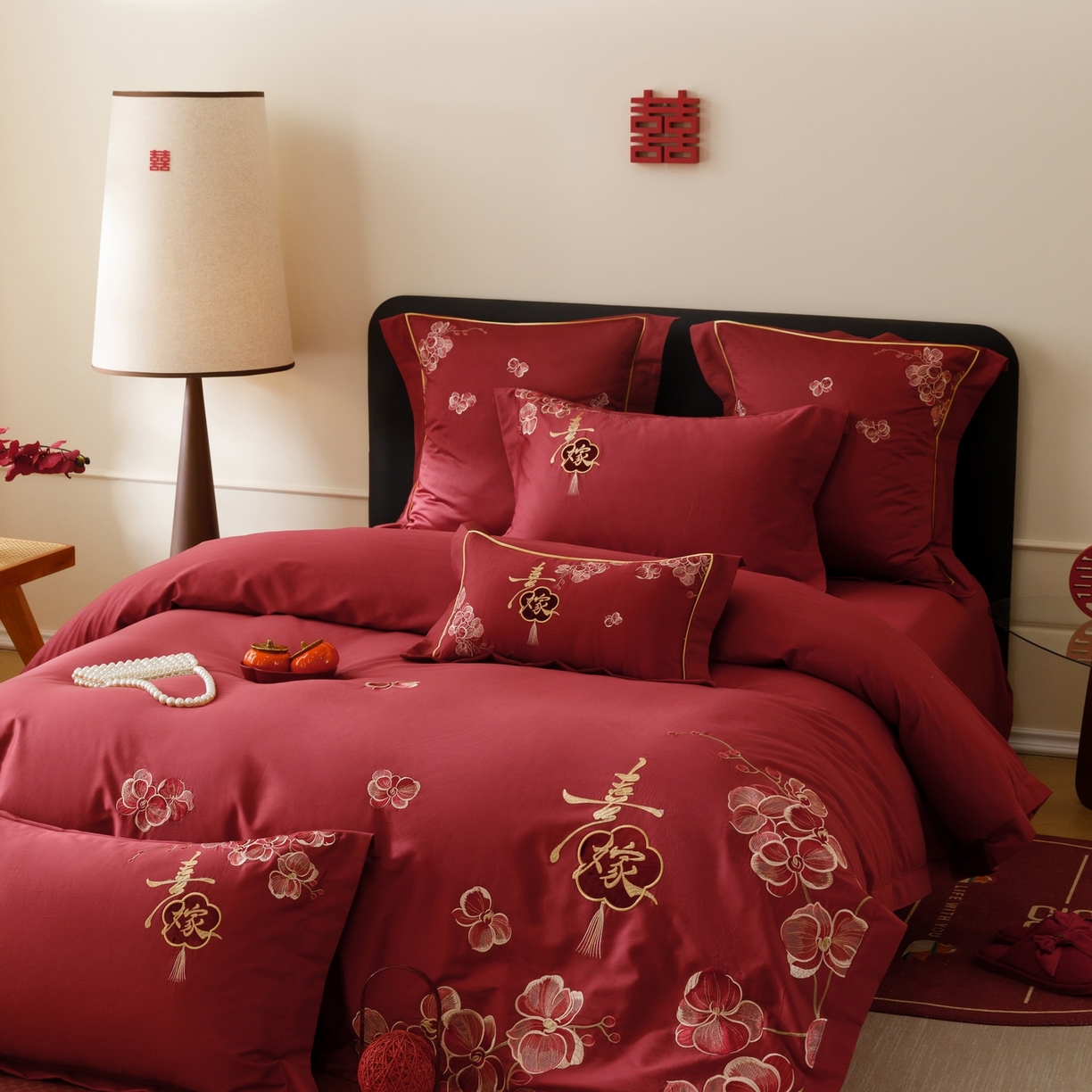 91家纺网 家纺一手货源 找家纺 慕晨 2026新款50支澳棉全棉纯棉贡缎婚庆绣花贴布绣四件套热款 天喜园