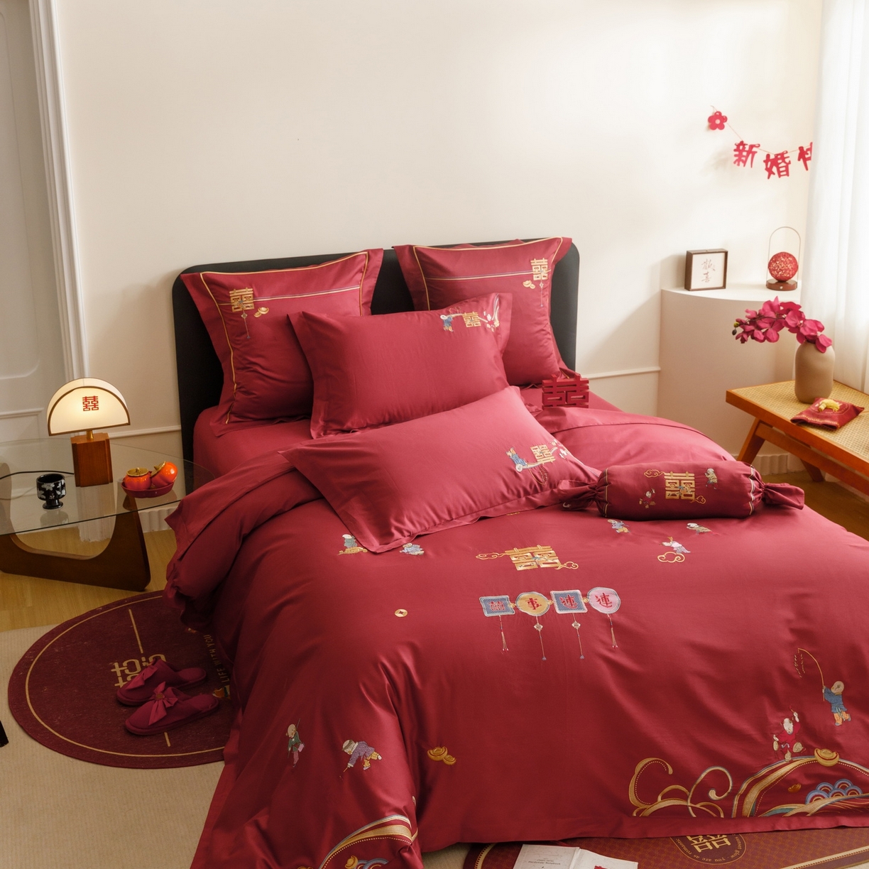 91家纺网 家纺一手货源 找家纺 （总）慕晨 2026新款50支澳棉全棉纯棉贡缎婚庆绣花贴布绣四件套热款