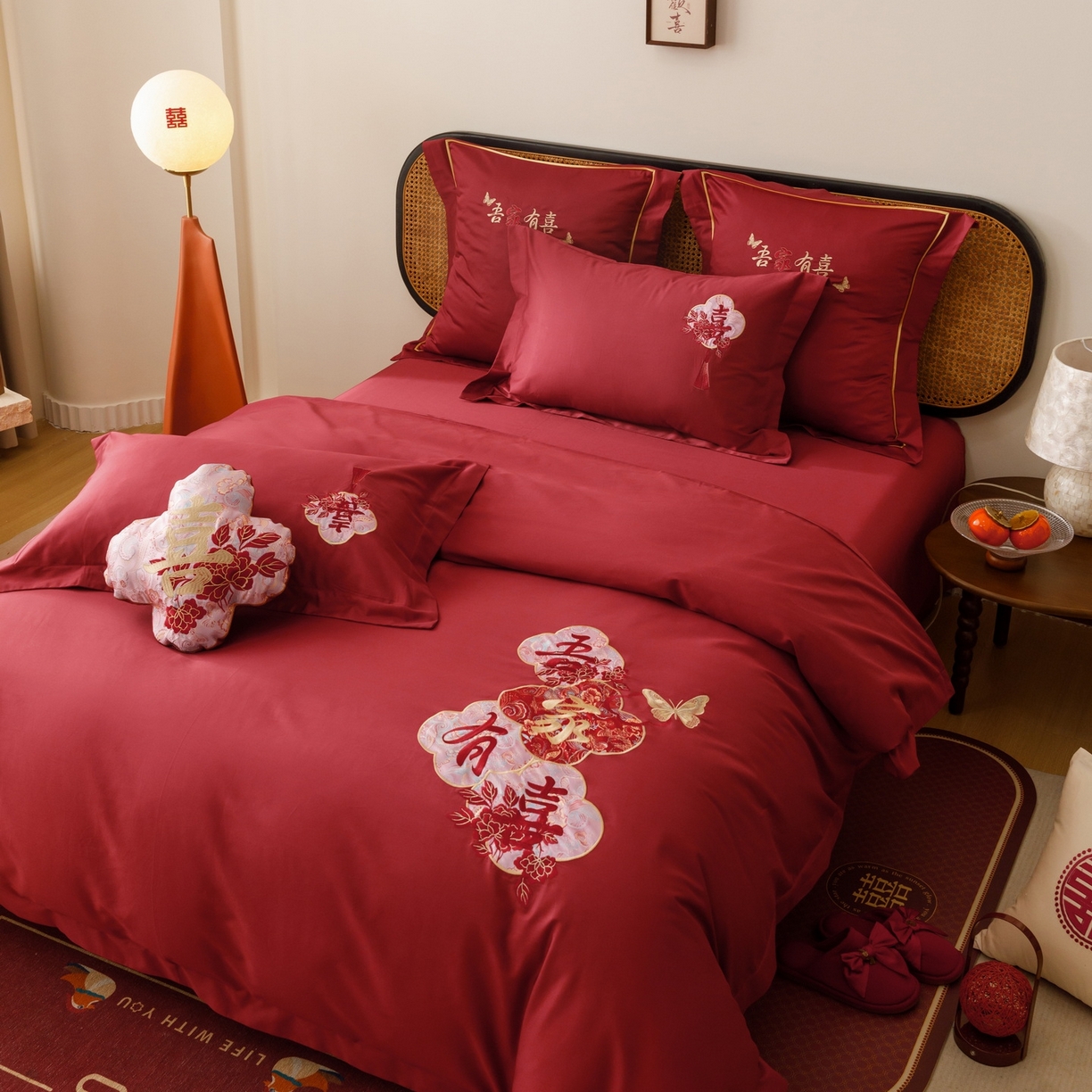 91家纺网 家纺一手货源 找家纺 慕晨 2026新款50支澳棉全棉纯棉贡缎婚庆绣花贴布绣四件套热款 花喜行