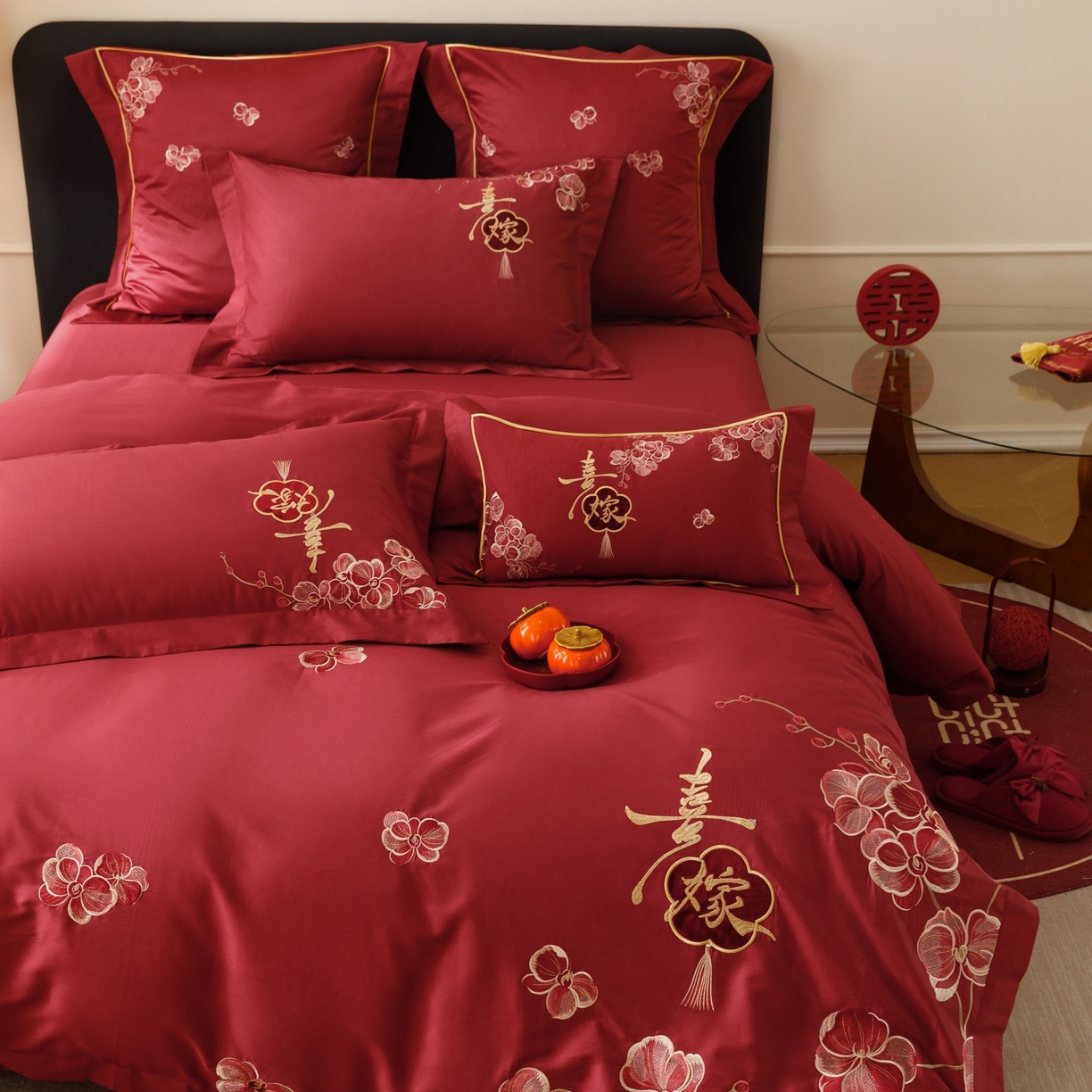 91家纺网 家纺一手货源 找家纺 慕晨 2026新款50支澳棉全棉纯棉贡缎婚庆绣花贴布绣四件套热款 天喜园