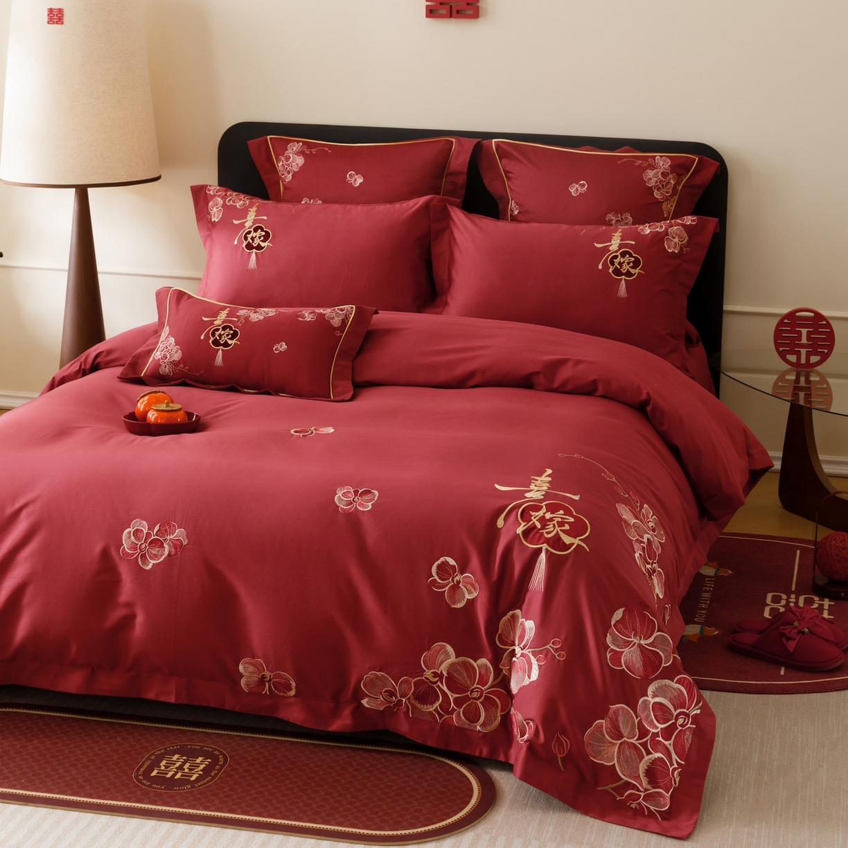 91家纺网 家纺一手货源 找家纺 慕晨 2026新款50支澳棉全棉纯棉贡缎婚庆绣花贴布绣四件套热款 天喜园