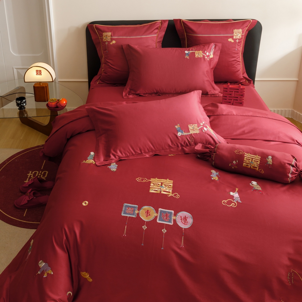 91家纺网 家纺一手货源 找家纺 （总）慕晨 2026新款50支澳棉全棉纯棉贡缎婚庆绣花贴布绣四件套热款