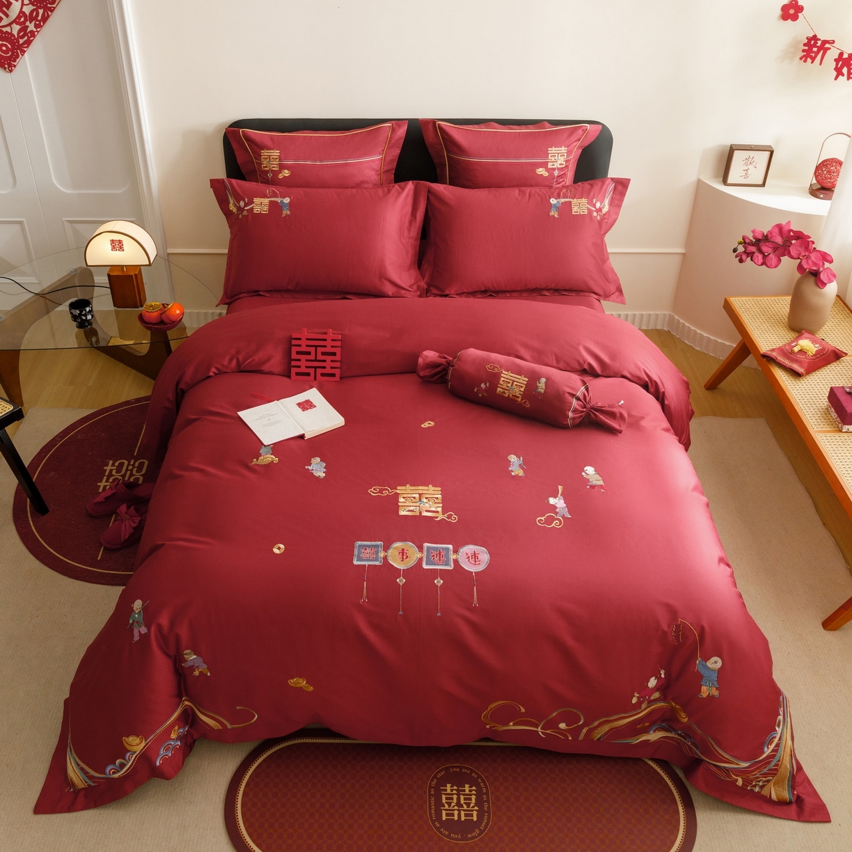 慕晨 2026新款50支澳棉全棉纯棉贡缎婚庆绣花贴布绣四件套热款 百子呈祥