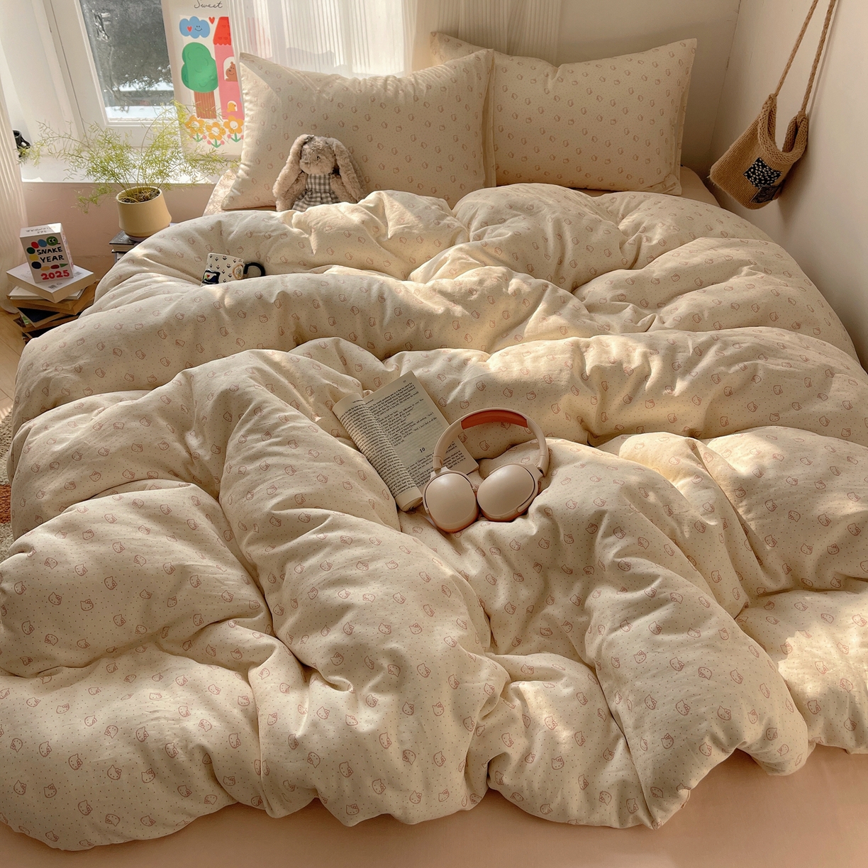 91家纺网 家纺一手货源 找家纺 萝莉家纺 2026新款全棉双层纱四件套 波点小猫