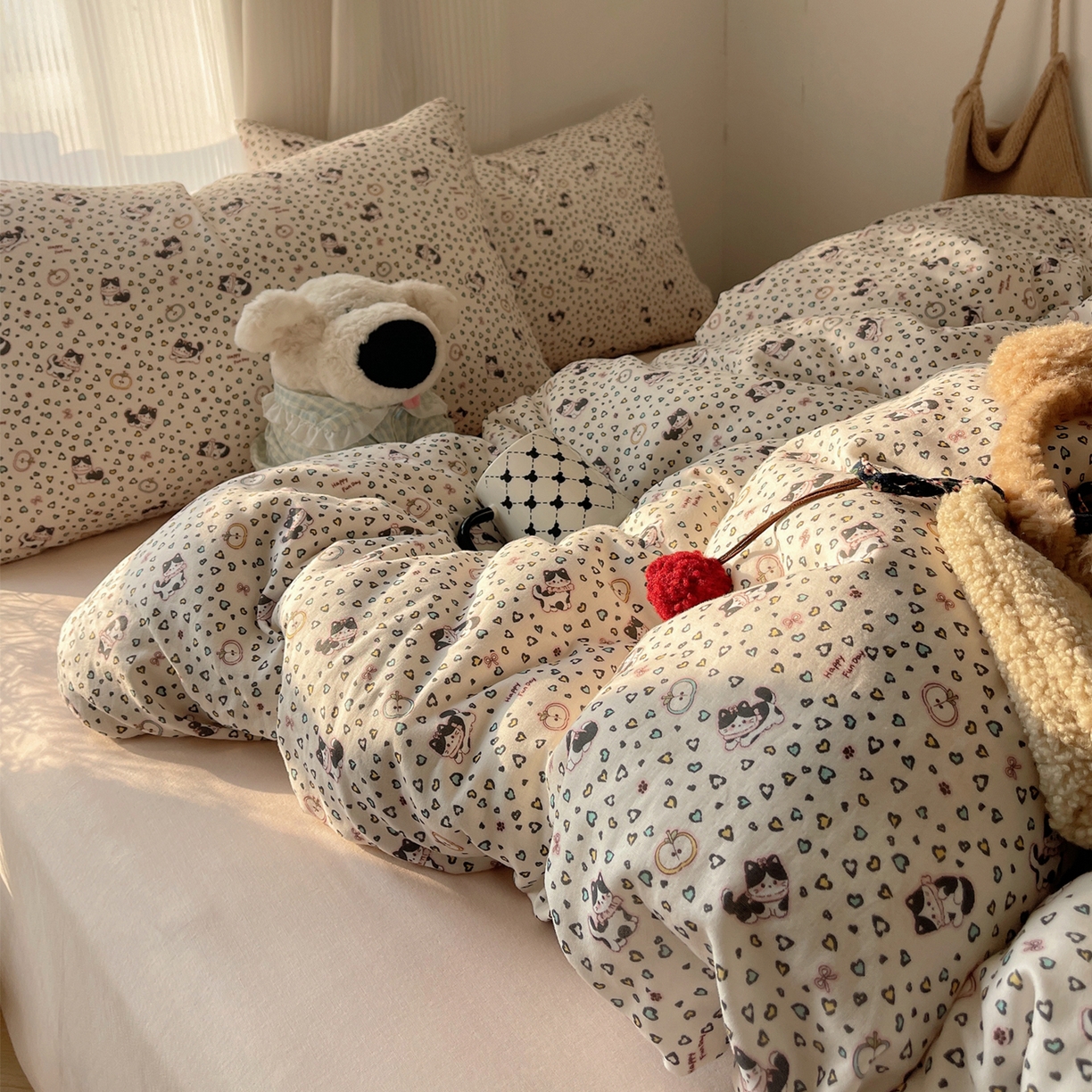 91家纺网 家纺一手货源 找家纺 萝莉家纺 2026新款全棉双层纱四件套 爱心猫咪