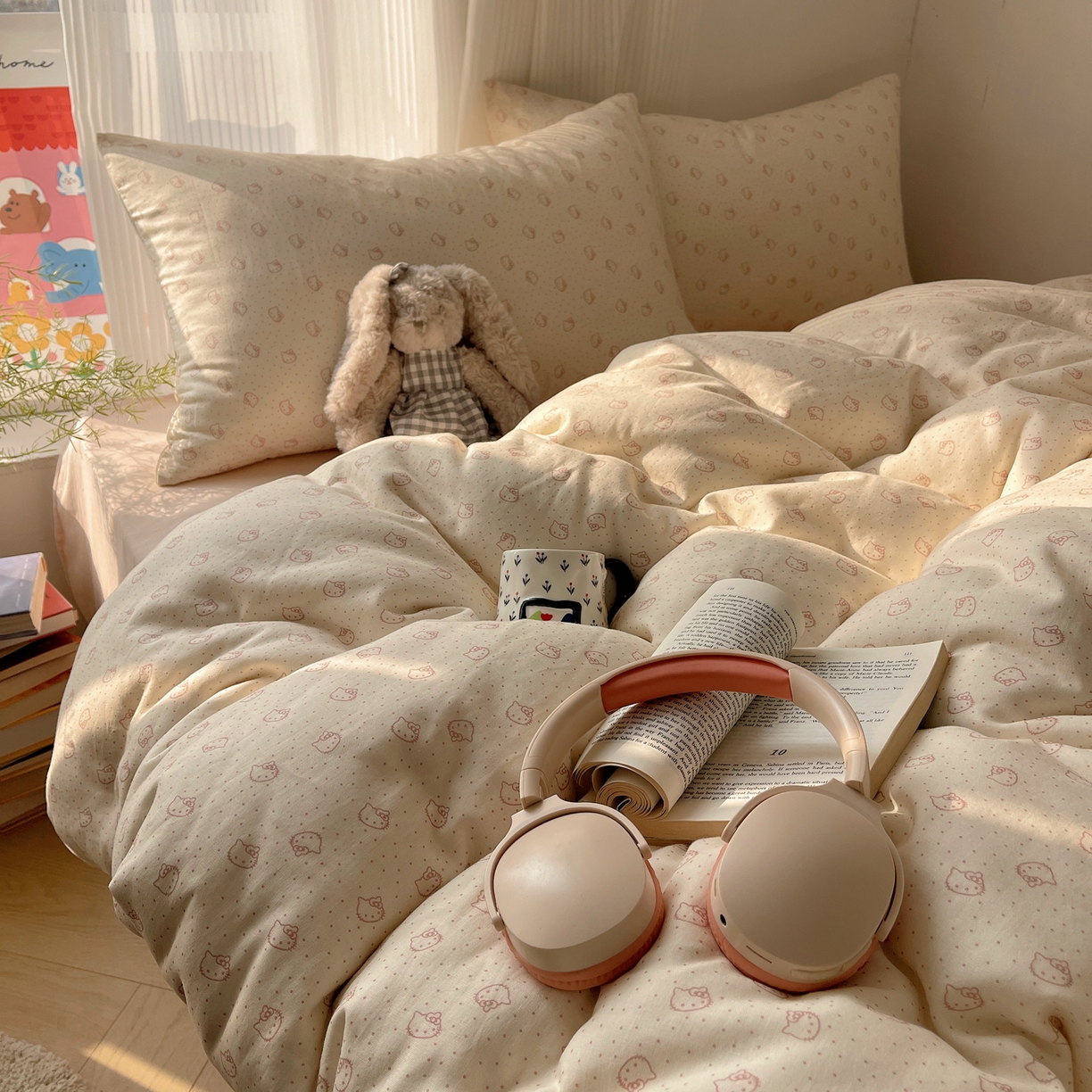 91家纺网 家纺一手货源 找家纺 萝莉家纺 2026新款全棉双层纱四件套 波点小猫