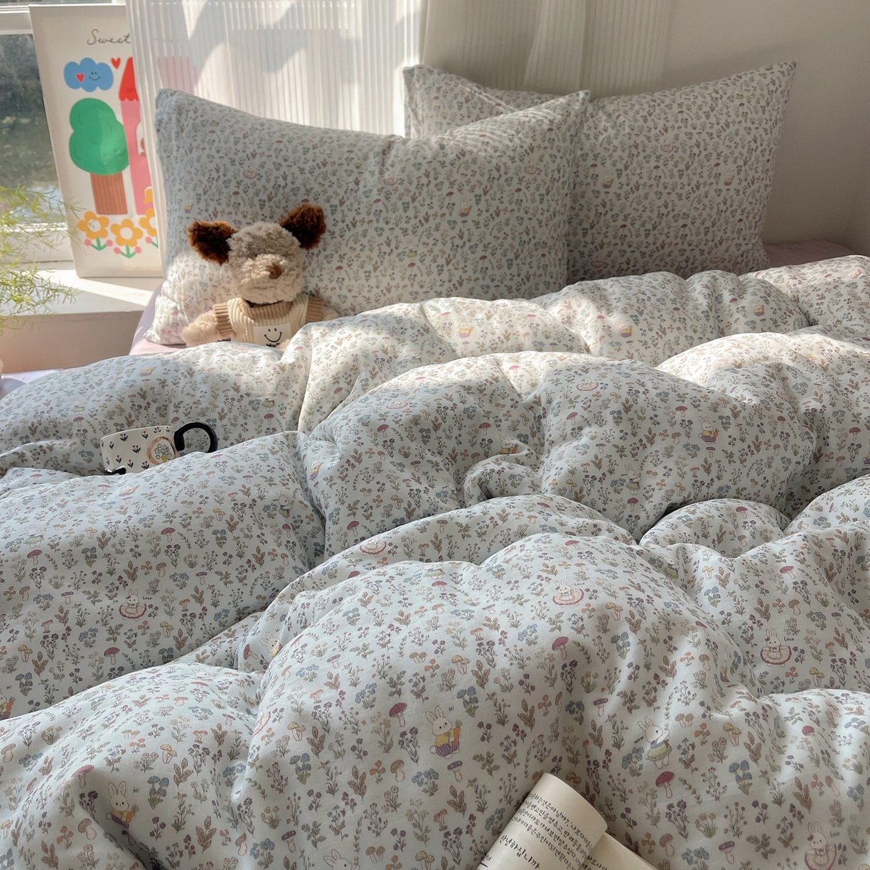 91家纺网 家纺一手货源 找家纺 萝莉家纺 2026新款全棉双层纱四件套 森林兔