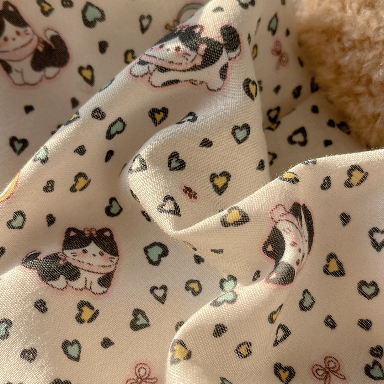 91家纺网 家纺一手货源 找家纺 萝莉家纺 2026新款全棉双层纱四件套 爱心猫咪