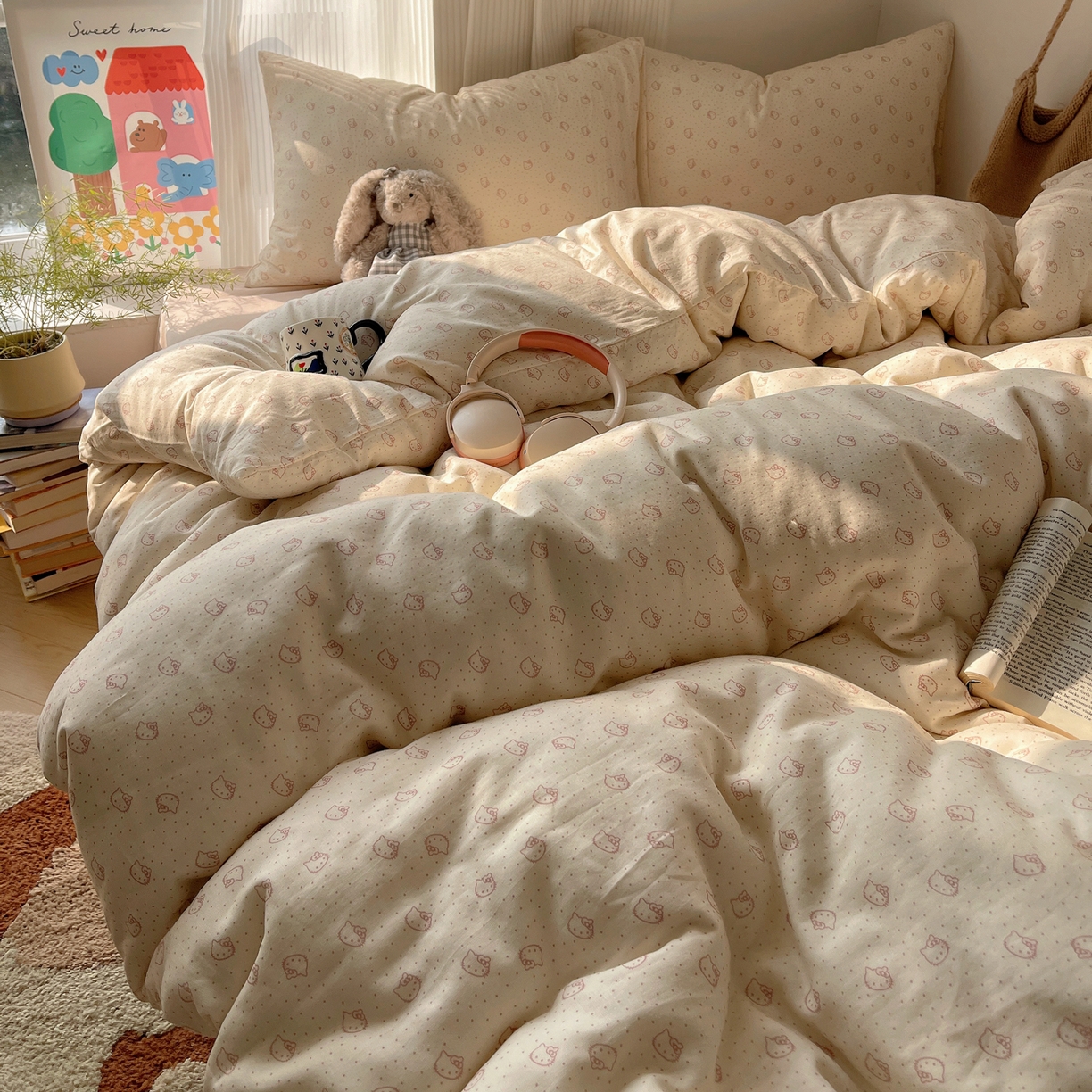 91家纺网 家纺一手货源 找家纺 萝莉家纺 2026新款全棉双层纱四件套 波点小猫