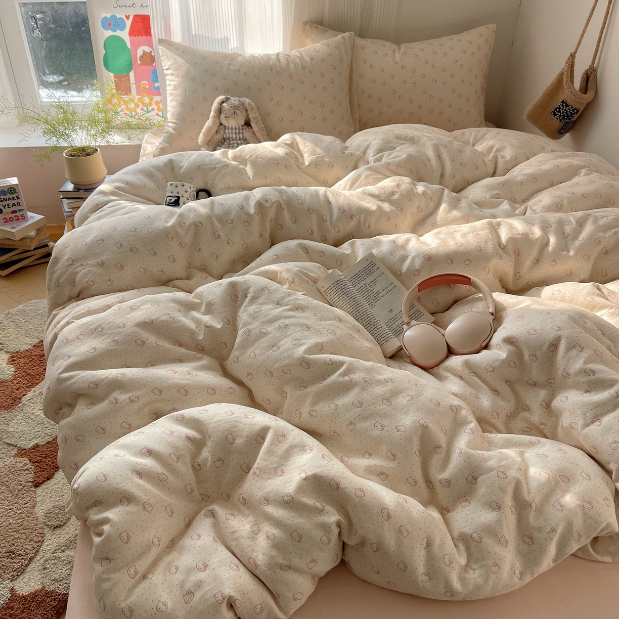 91家纺网 家纺一手货源 找家纺 萝莉家纺 2026新款全棉双层纱四件套 波点小猫