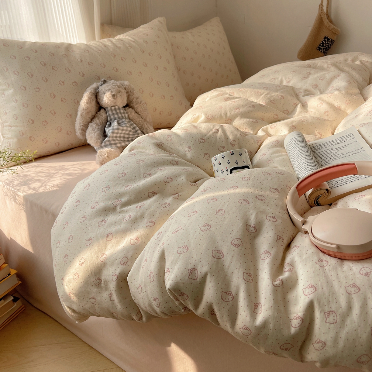 萝莉家纺 2026新款全棉双层纱四件套 波点小猫