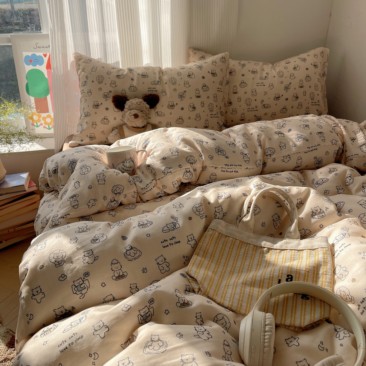 91家纺网 家纺一手货源 找家纺 萝莉家纺 2026新款全棉双层纱四件套 贪吃的猫