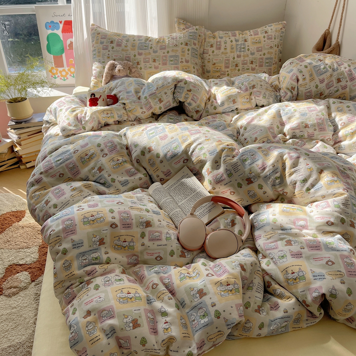 91家纺网 家纺一手货源 找家纺 萝莉家纺 2026新款全棉双层纱四件套 开心的一天