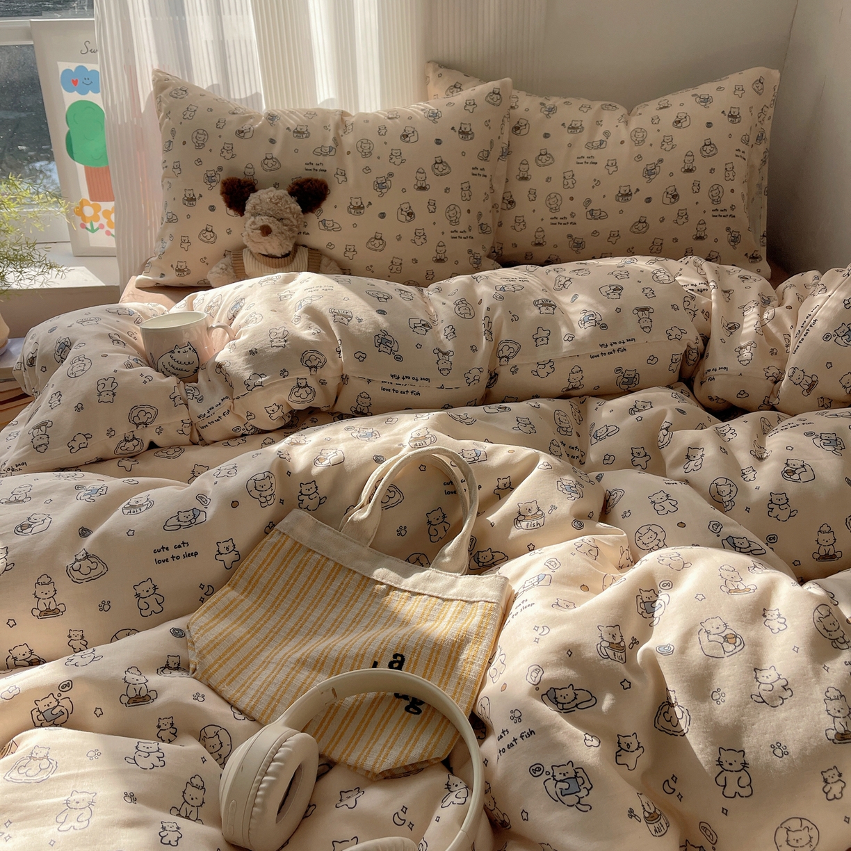 91家纺网 家纺一手货源 找家纺 萝莉家纺 2026新款全棉双层纱四件套 贪吃的猫