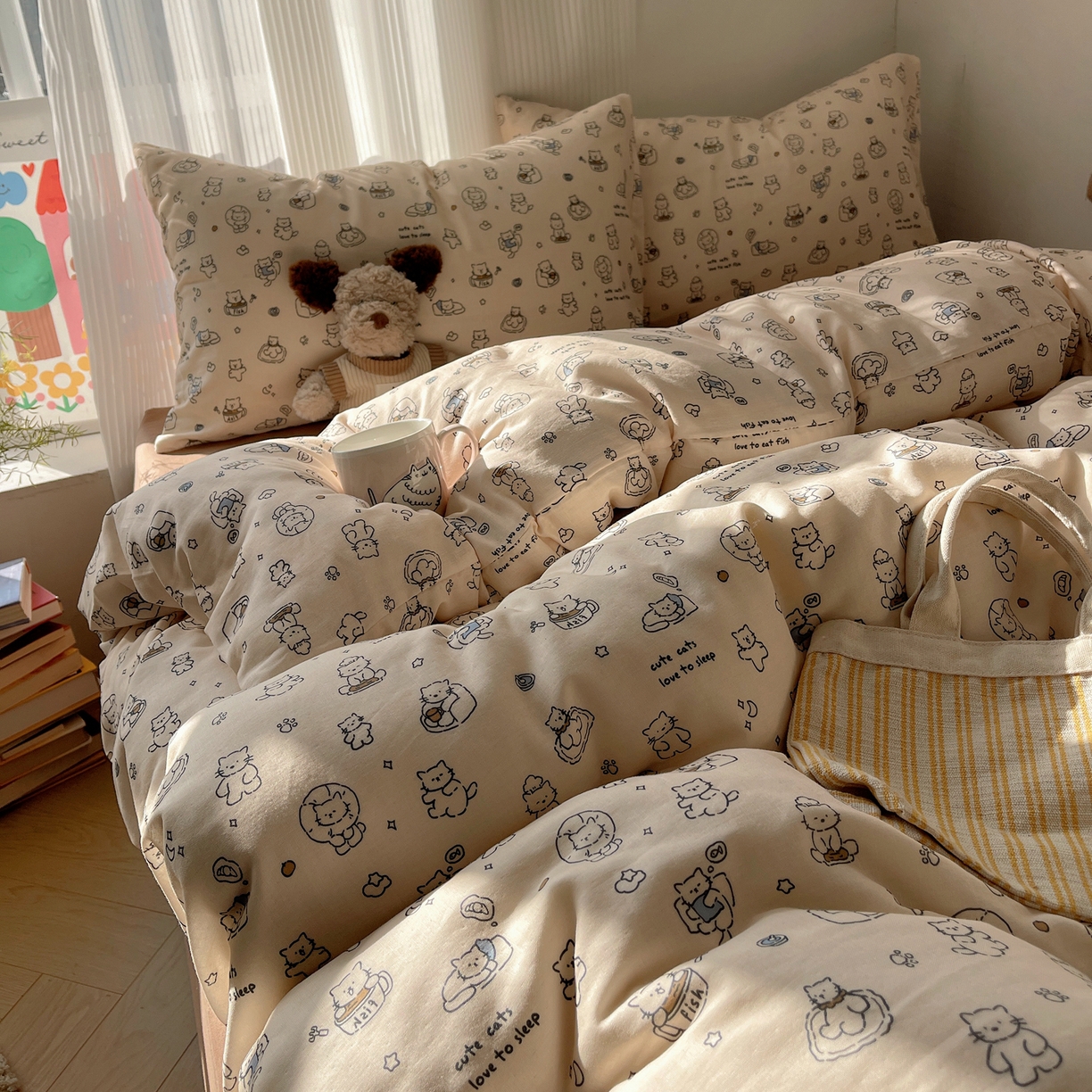 91家纺网 家纺一手货源 找家纺 萝莉家纺 2026新款全棉双层纱四件套 贪吃的猫