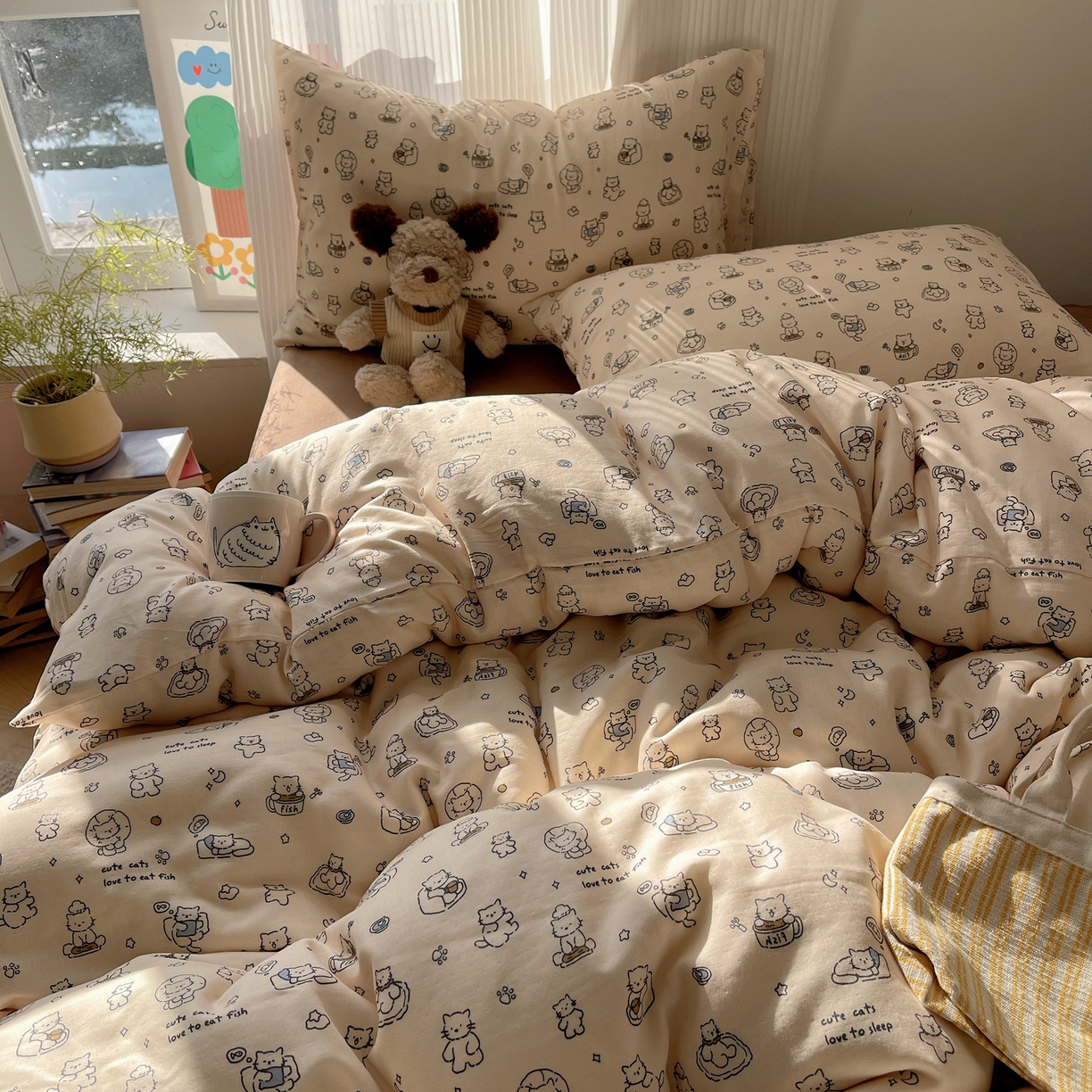 91家纺网 家纺一手货源 找家纺 萝莉家纺 2026新款全棉双层纱四件套 贪吃的猫