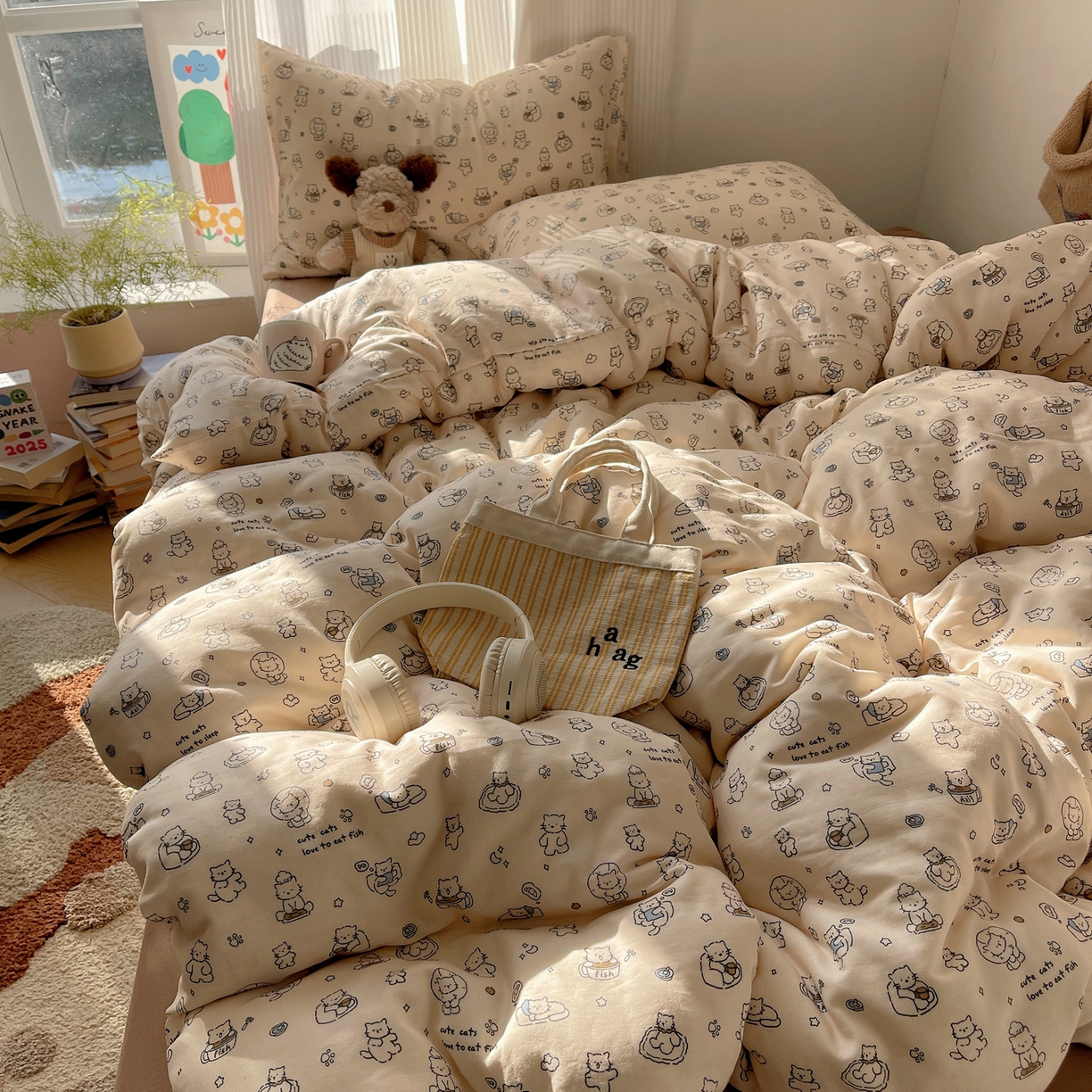 91家纺网 家纺一手货源 找家纺 萝莉家纺 2026新款全棉双层纱四件套 贪吃的猫