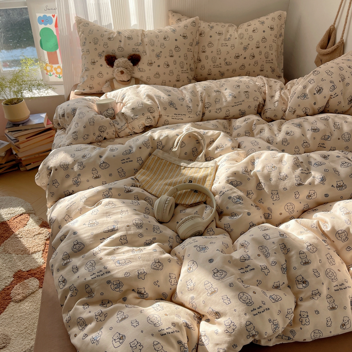 91家纺网 家纺一手货源 找家纺 萝莉家纺 2026新款全棉双层纱四件套 贪吃的猫