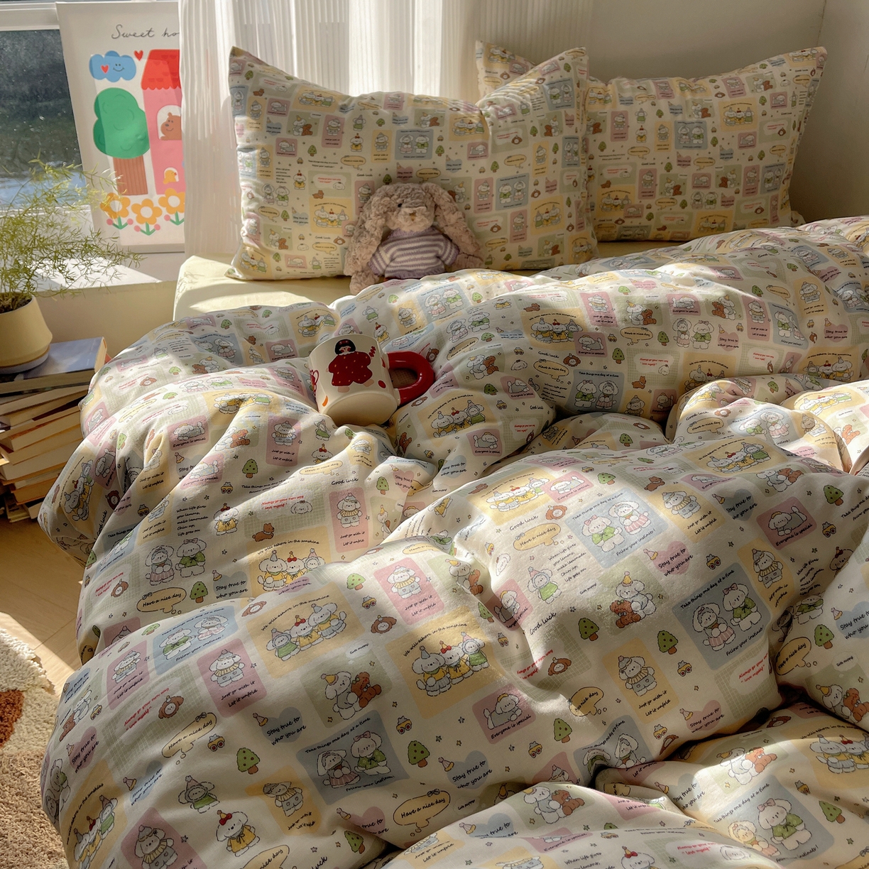 91家纺网 家纺一手货源 找家纺 萝莉家纺 2026新款全棉双层纱四件套 开心的一天