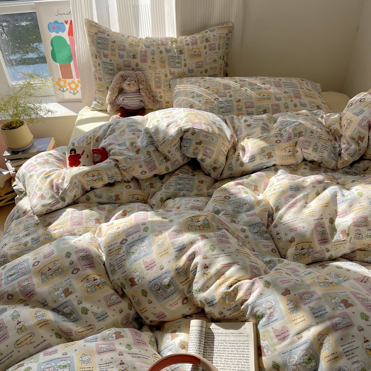 91家纺网 家纺一手货源 找家纺 萝莉家纺 2026新款全棉双层纱四件套 开心的一天