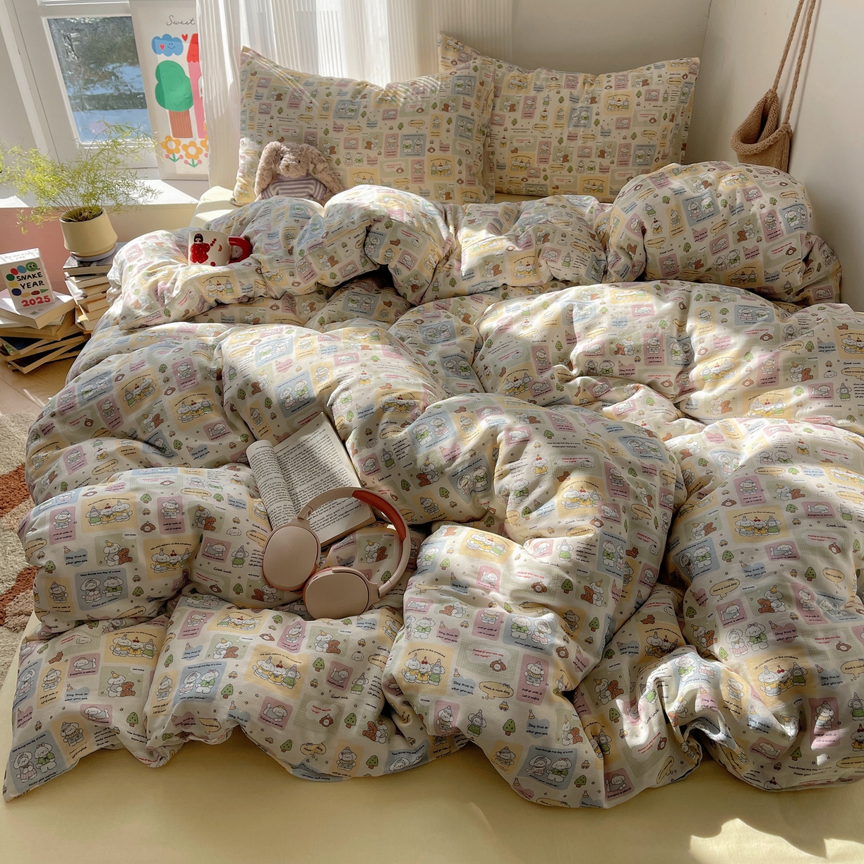 91家纺网 家纺一手货源 找家纺 萝莉家纺 2026新款全棉双层纱四件套 开心的一天