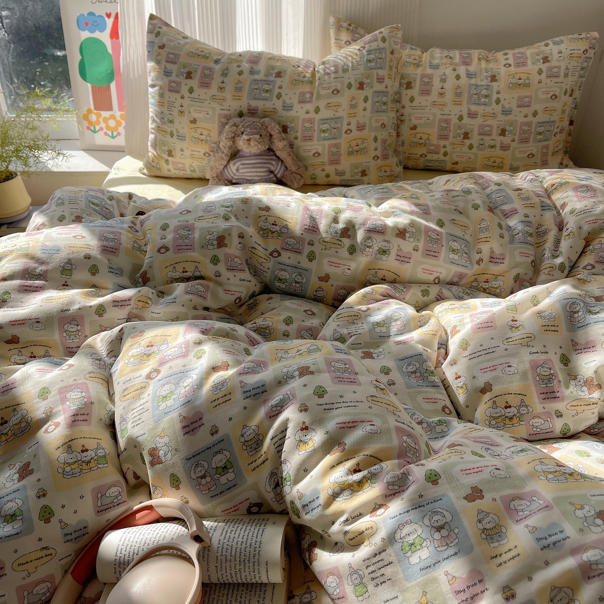 91家纺网 家纺一手货源 找家纺 萝莉家纺 2026新款全棉双层纱四件套 开心的一天