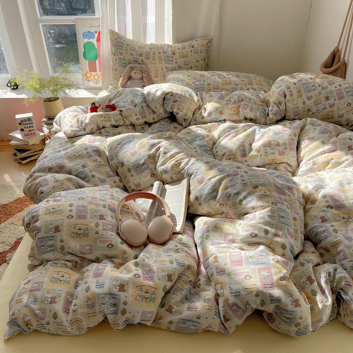 91家纺网 家纺一手货源 找家纺 萝莉家纺 2026新款全棉双层纱四件套 开心的一天