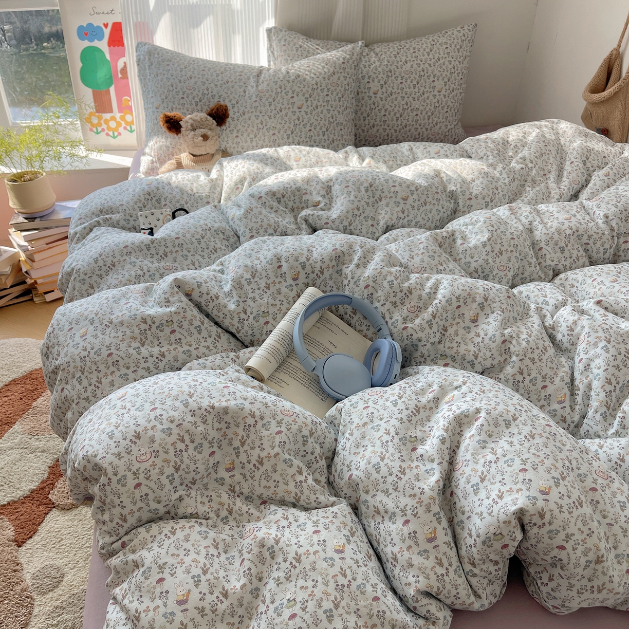 91家纺网 家纺一手货源 找家纺 萝莉家纺 2026新款全棉双层纱四件套 森林兔