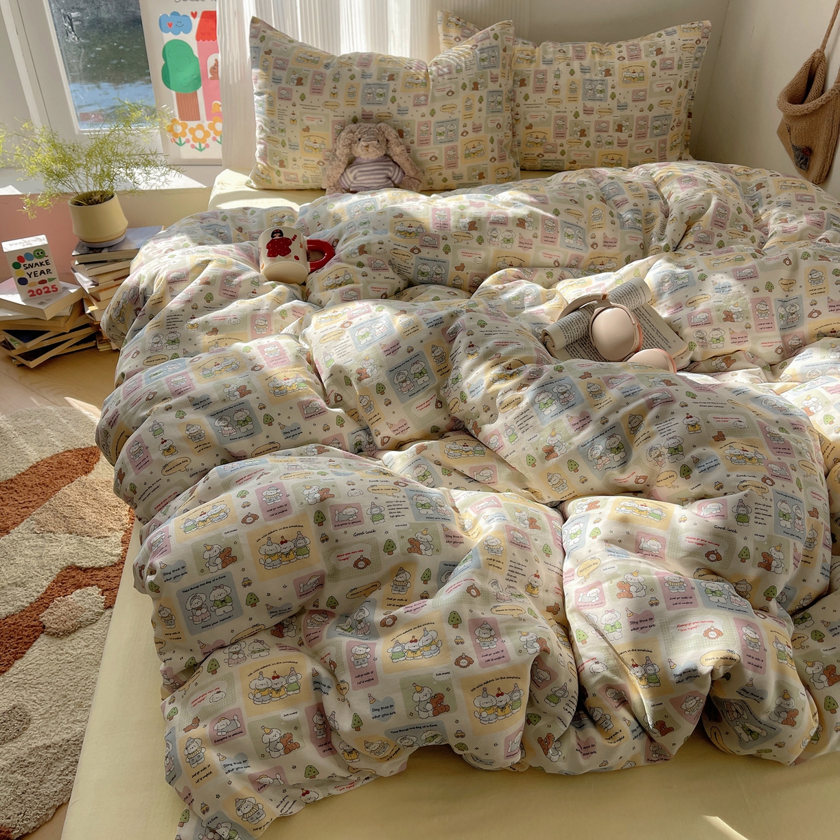 91家纺网 家纺一手货源 找家纺 萝莉家纺 2026新款全棉双层纱四件套 开心的一天