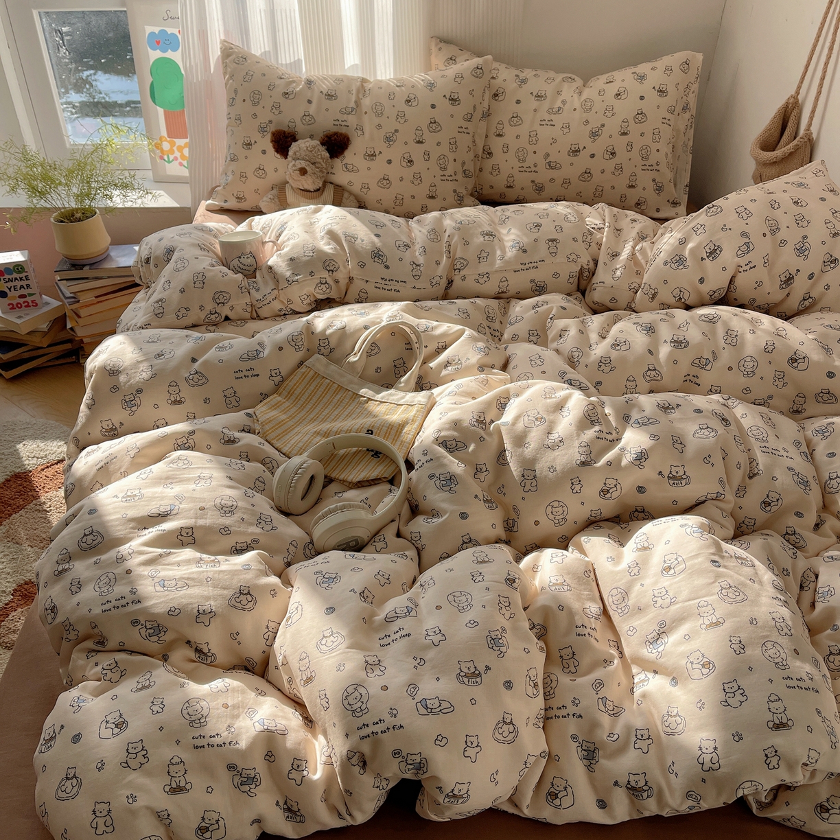 91家纺网 家纺一手货源 找家纺 萝莉家纺 2026新款全棉双层纱四件套 贪吃的猫