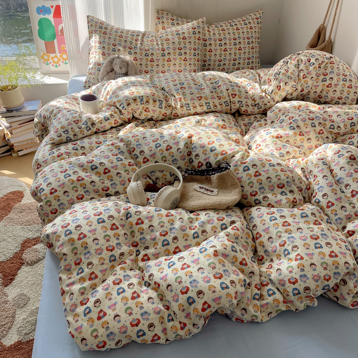 91家纺网 家纺一手货源 找家纺 萝莉家纺 2026新款全棉双层纱四件套 快乐大家族