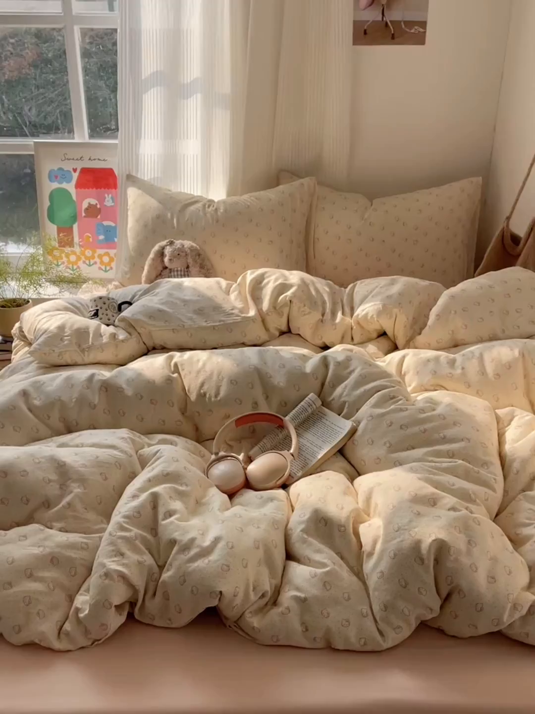 91家纺网 家纺一手货源 找家纺 萝莉家纺 2026新款全棉双层纱四件套 波点小猫