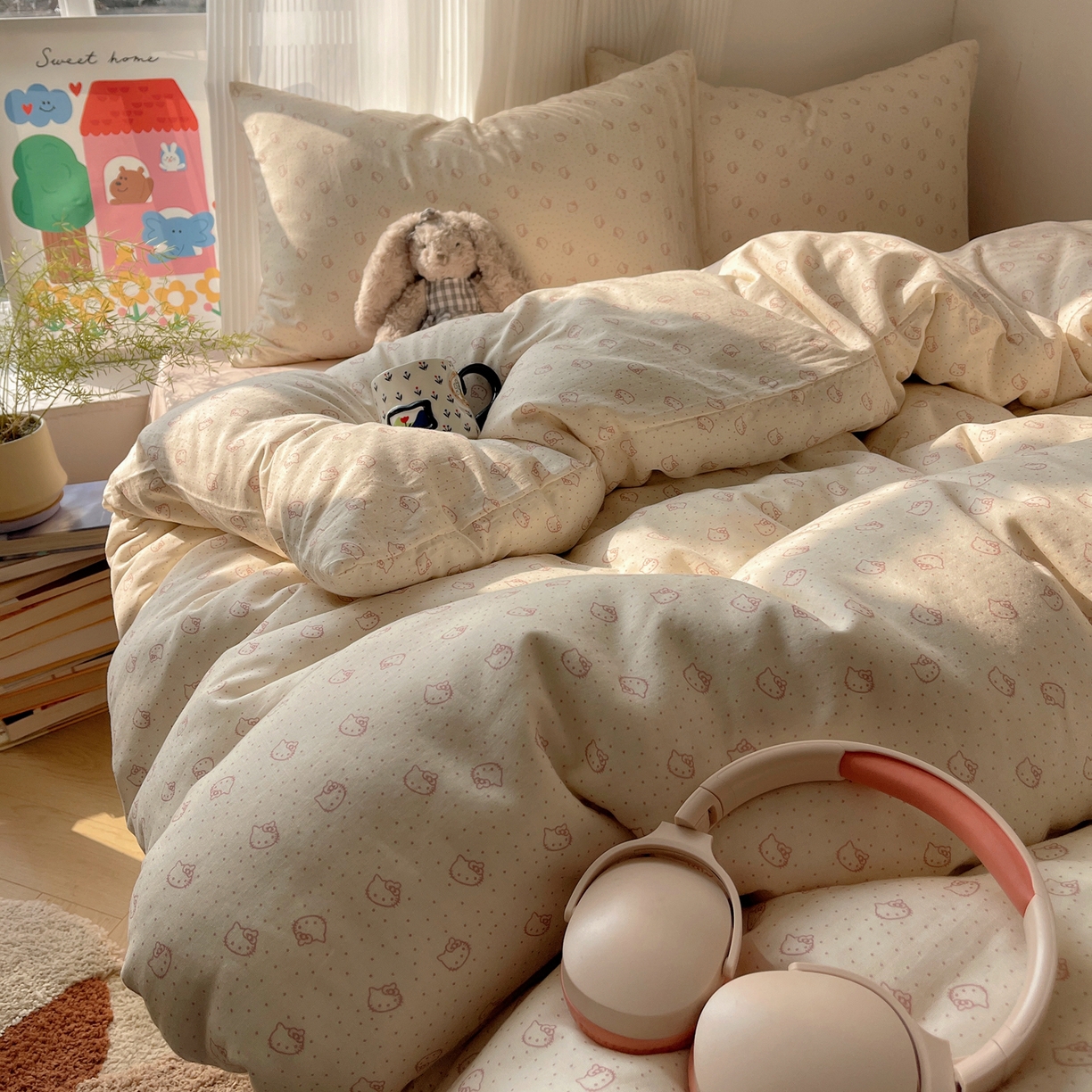 91家纺网 家纺一手货源 找家纺 萝莉家纺 2026新款全棉双层纱四件套 波点小猫