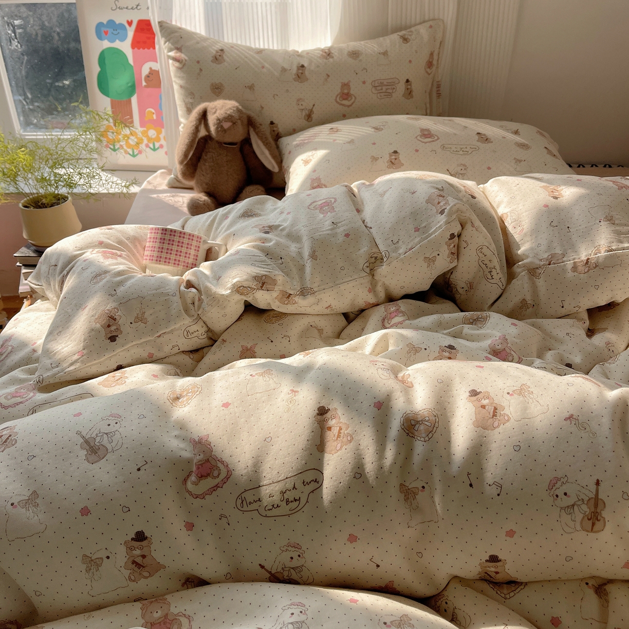 91家纺网 家纺一手货源 找家纺 萝莉家纺 2026新款全棉双层纱四件套 音乐派对