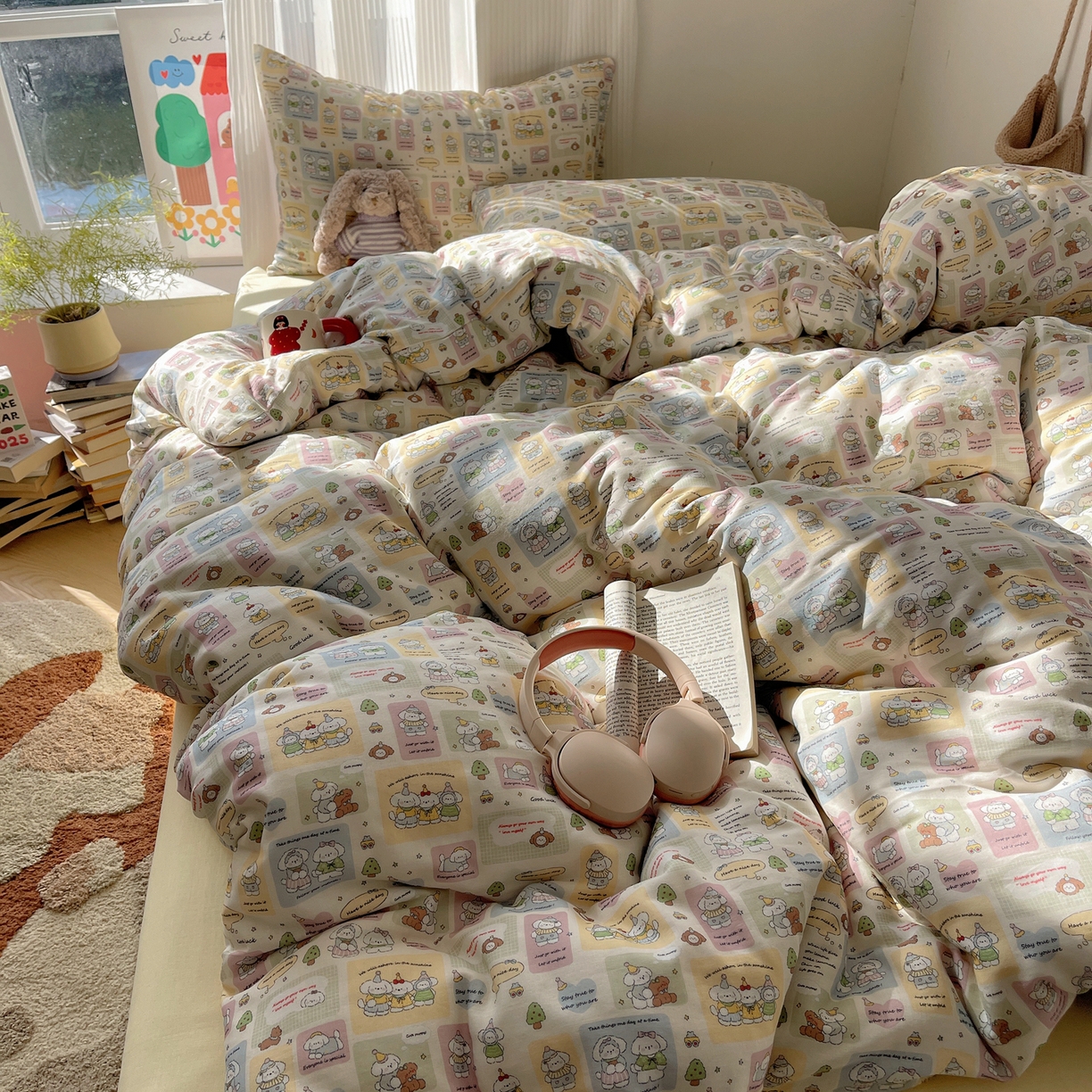 91家纺网 家纺一手货源 找家纺 萝莉家纺 2026新款全棉双层纱四件套 开心的一天