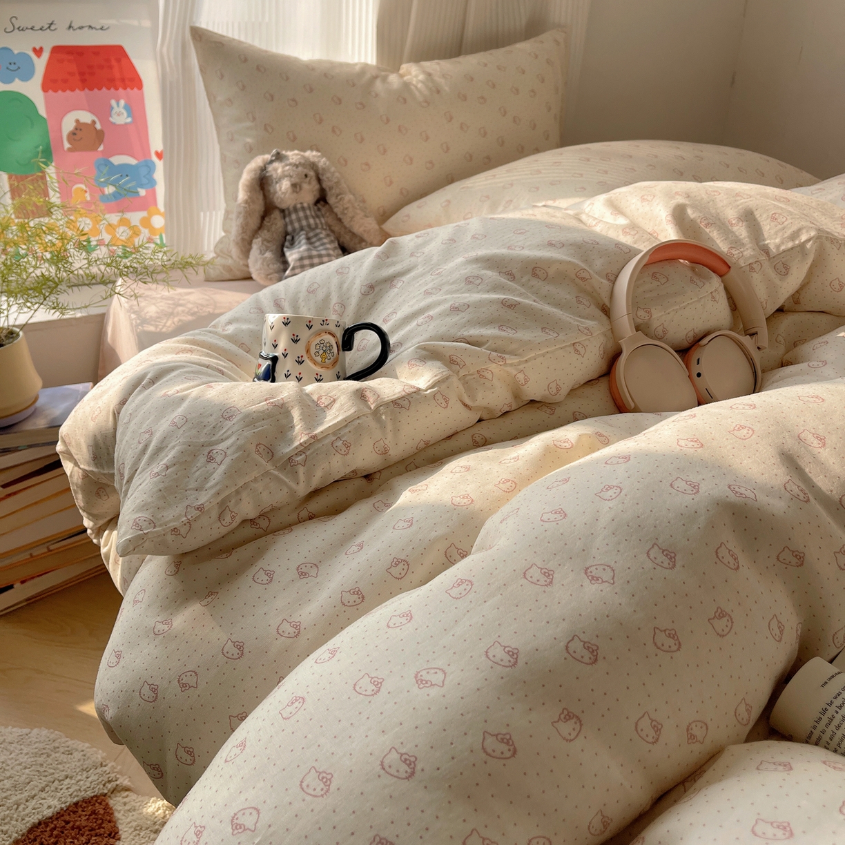 91家纺网 家纺一手货源 找家纺 萝莉家纺 2026新款全棉双层纱四件套 波点小猫