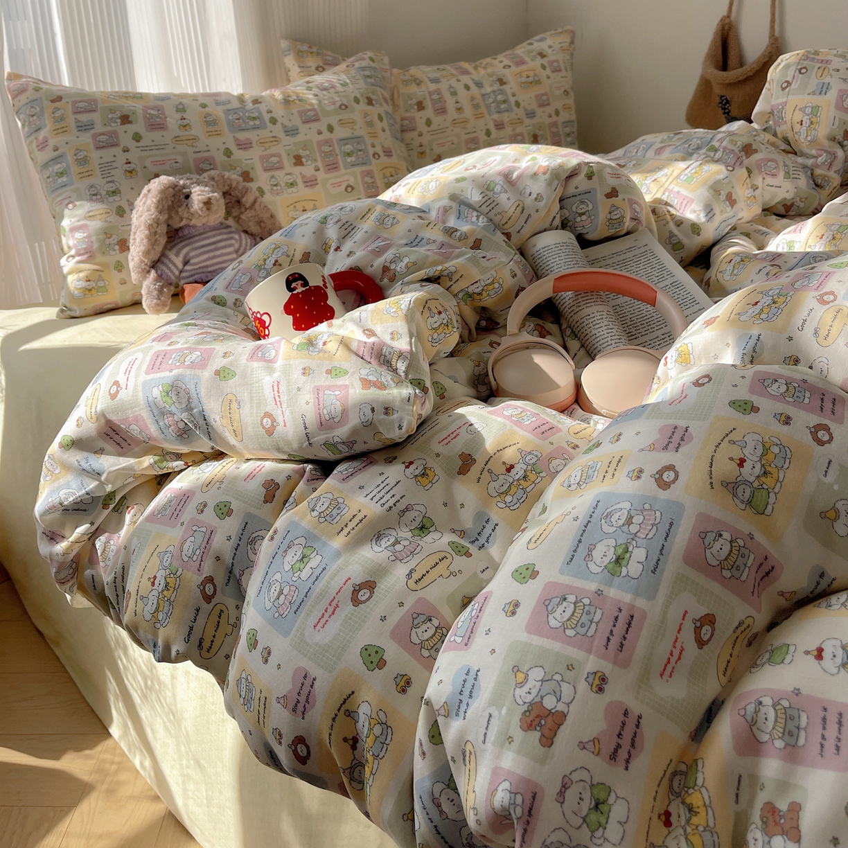 91家纺网 家纺一手货源 找家纺 萝莉家纺 2026新款全棉双层纱四件套 开心的一天