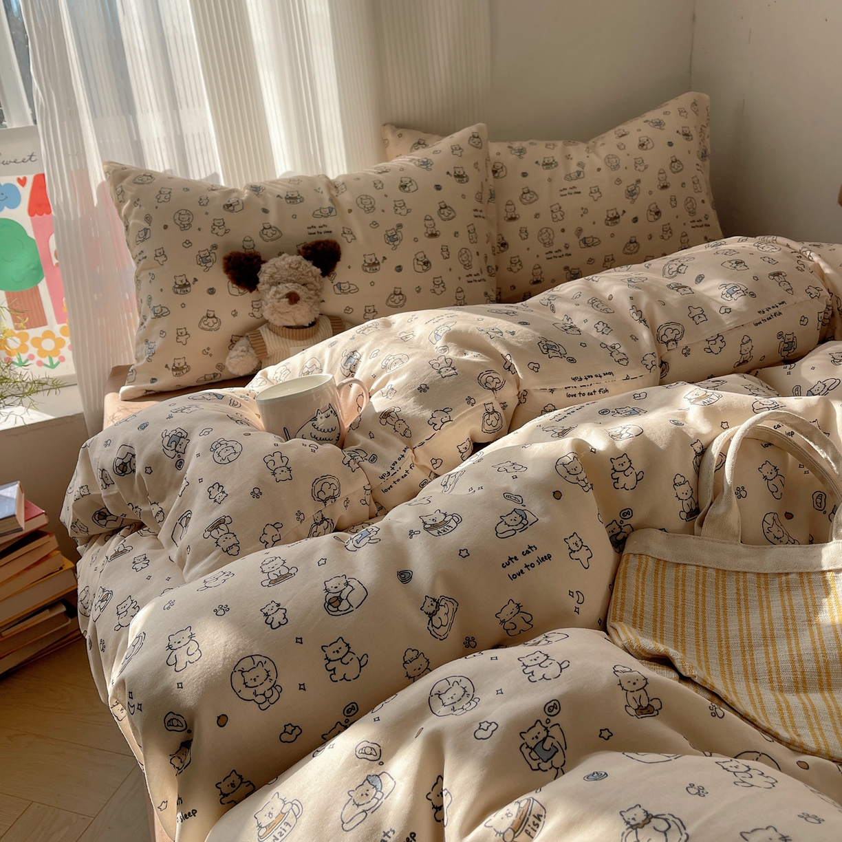 91家纺网 家纺一手货源 找家纺 萝莉家纺 2026新款全棉双层纱四件套 贪吃的猫