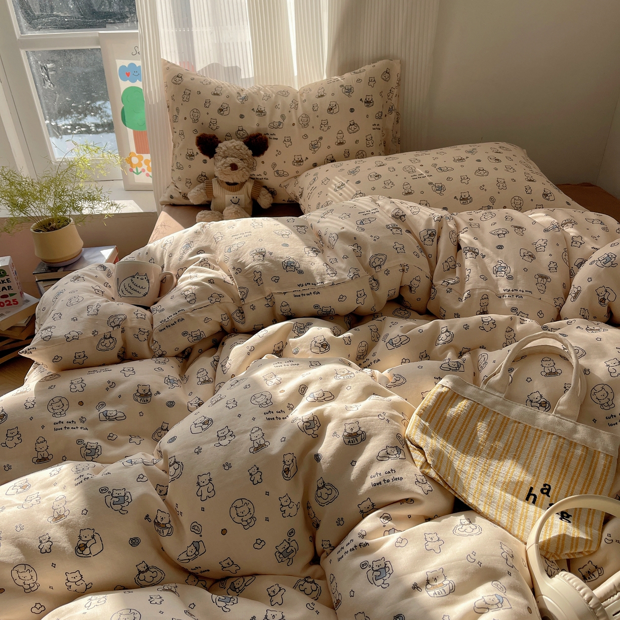 91家纺网 家纺一手货源 找家纺 萝莉家纺 2026新款全棉双层纱四件套 贪吃的猫