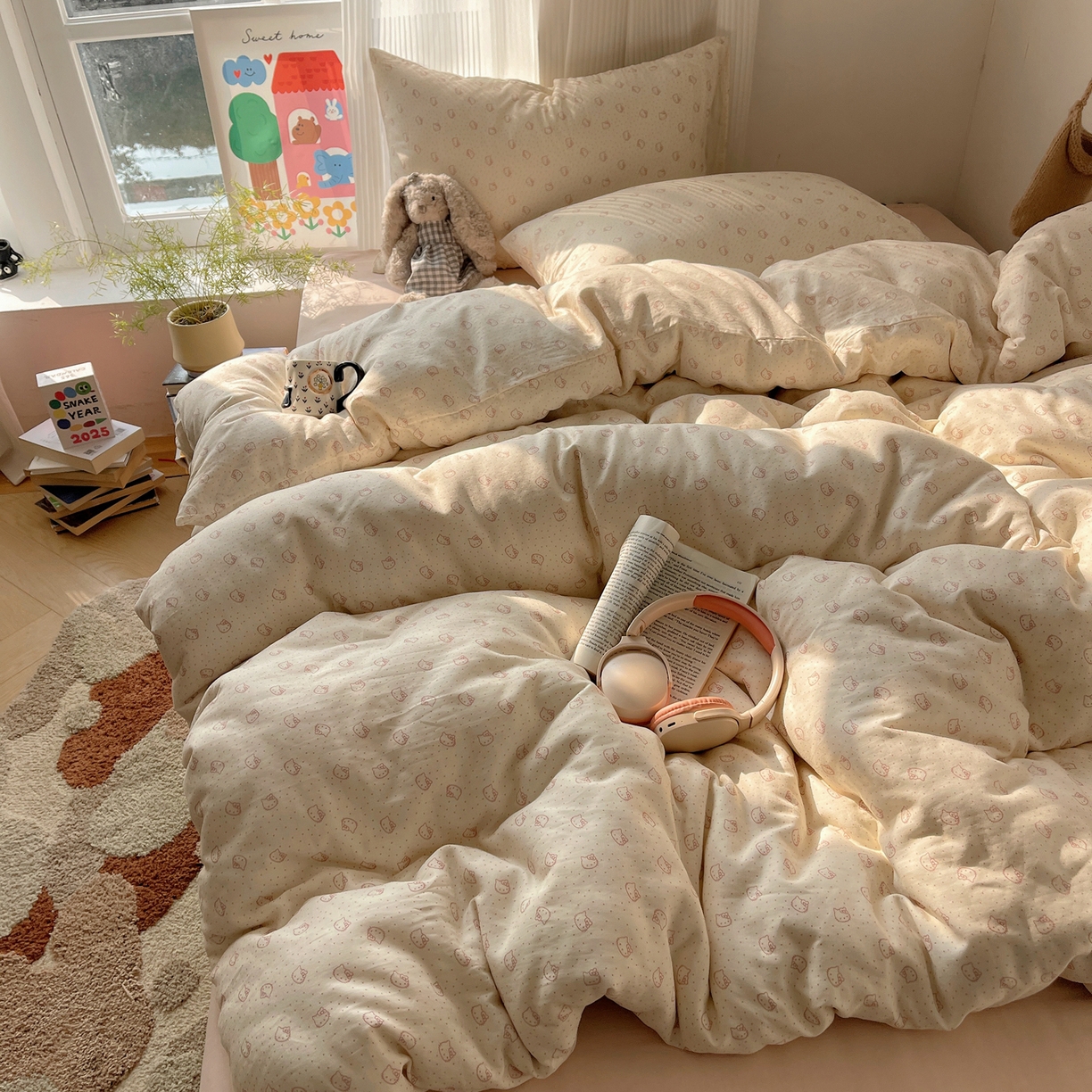 91家纺网 家纺一手货源 找家纺 萝莉家纺 2026新款全棉双层纱四件套 波点小猫